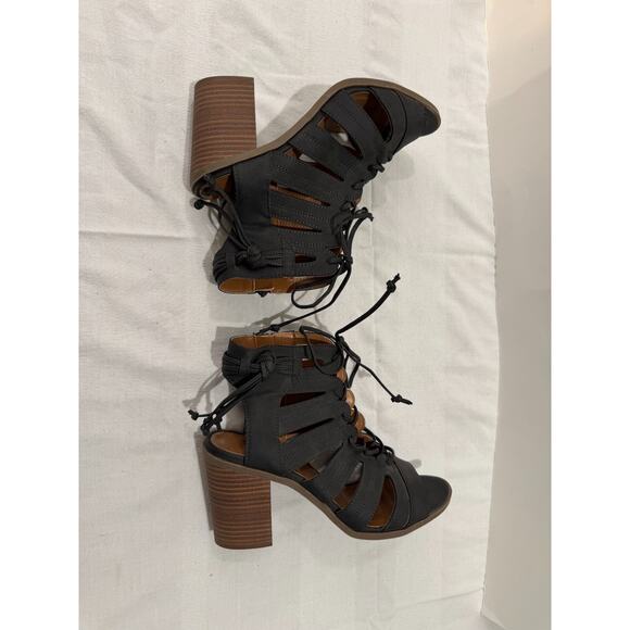 FARYL By Faryl Robin BUCKLE Black Sandals Heels Caged Lace Up Sz 8 Vegan Suede - Picture 4 of 7